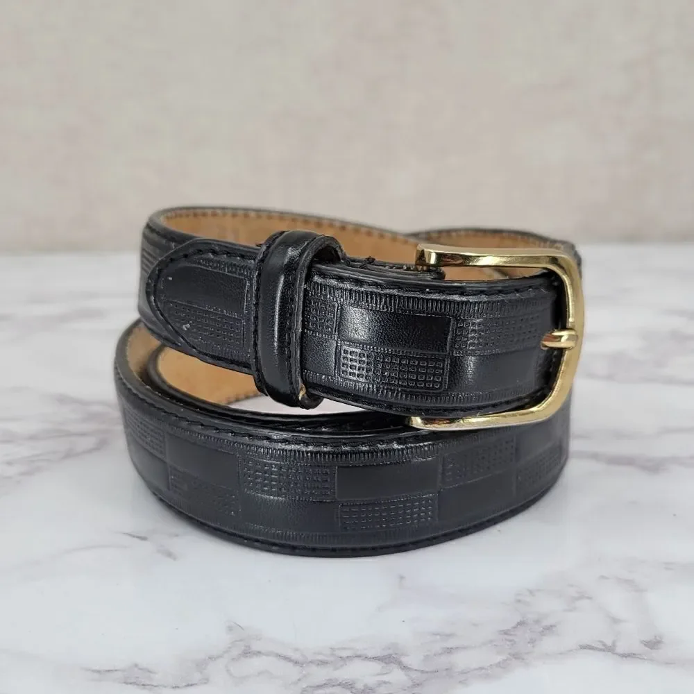 Men's Genuine Leather Black Checker Pattern Belt Brass Buckle Size 40